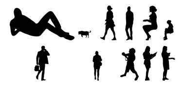 Vektör siluetleri, insanların ana hatları, Contour çizimleri, insanların siluetleri, ikon kümesi izole edilmiş, oturan insanların silueti, mimari set