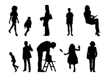 Vektör siluetleri, insanların ana hatları, Contour çizimleri, insanların siluetleri, ikon kümesi izole edilmiş, oturan insanların silueti, mimari set