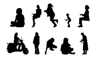 Vektör siluetleri, insanların ana hatları, Contour çizimleri, insanların siluetleri, ikon kümesi izole edilmiş, oturan insanların silueti, mimari set