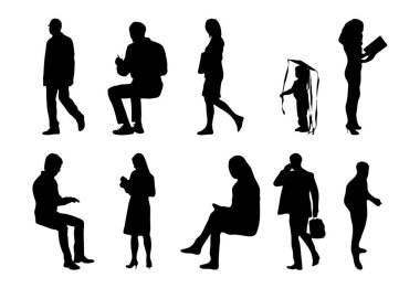 Vektör siluetleri, insanların ana hatları, Contour çizimleri, insanların siluetleri, ikon kümesi izole edilmiş, oturan insanların silueti, mimari set