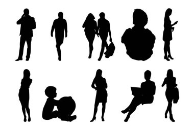 Vektör siluetleri, insanların ana hatları, Contour çizimleri, insanların siluetleri, ikon kümesi izole edilmiş, oturan insanların silueti, mimari set