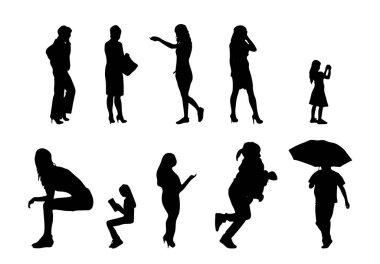 Vektör siluetleri, insanların ana hatları, Contour çizimleri, insanların siluetleri, ikon kümesi izole edilmiş, oturan insanların silueti, mimari set