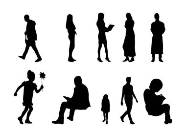 Vektör siluetleri, insanların ana hatları, Contour çizimleri, insanların siluetleri, ikon kümesi izole edilmiş, oturan insanların silueti, mimari set