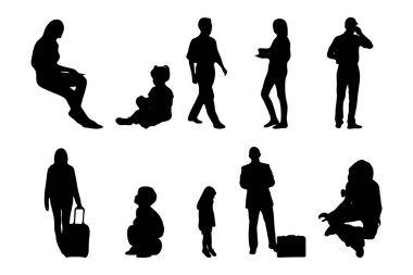 Vektör siluetleri, insanların ana hatları, Contour çizimleri, insanların siluetleri, ikon kümesi izole edilmiş, oturan insanların silueti, mimari set