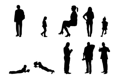 Vektör siluetleri, insanların ana hatları, Contour çizimleri, insanların siluetleri, ikon kümesi izole edilmiş, oturan insanların silueti, mimari set