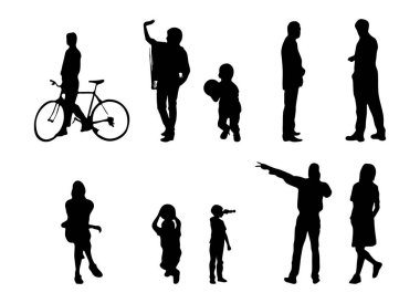 Vektör siluetleri, insanların ana hatları, Contour çizimleri, insanların siluetleri, ikon kümesi izole edilmiş, oturan insanların silueti, mimari set