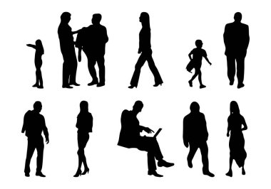 Vektör siluetleri, insanların ana hatları, Contour çizimleri, insanların siluetleri, ikon kümesi izole edilmiş, oturan insanların silueti, mimari set
