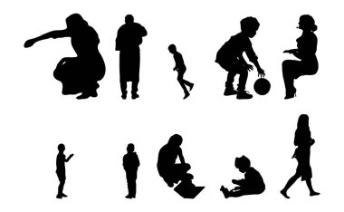 Vektör siluetleri, insanların ana hatları, Contour çizimleri, insanların siluetleri, ikon kümesi izole edilmiş, oturan insanların silueti, mimari set