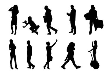 Vektör siluetleri, insanların ana hatları, Contour çizimleri, insanların siluetleri, ikon kümesi izole edilmiş, oturan insanların silueti, mimari set