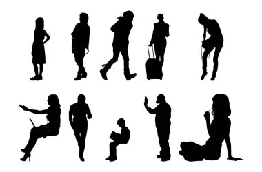 Vektör siluetleri, insanların ana hatları, Contour çizimleri, insanların siluetleri, ikon kümesi izole edilmiş, oturan insanların silueti, mimari set