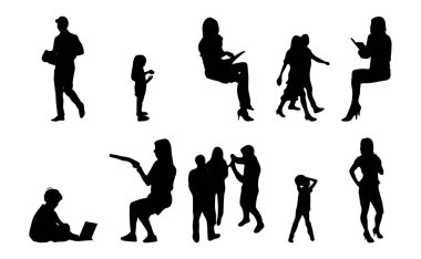 Vektör siluetleri, insanların ana hatları, Contour çizimleri, insanların siluetleri, ikon kümesi izole edilmiş, oturan insanların silueti, mimari set