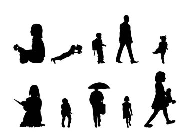 Vektör siluetleri, insanların ana hatları, Contour çizimleri, insanların siluetleri, ikon kümesi izole edilmiş, oturan insanların silueti, mimari set