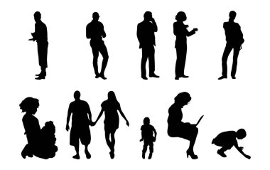 Vektör siluetleri, insanların ana hatları, Contour çizimleri, insanların siluetleri, ikon kümesi izole edilmiş, oturan insanların silueti, mimari set