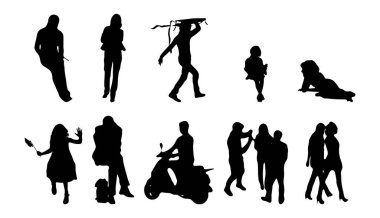 Vektör siluetleri, insanların ana hatları, Contour çizimleri, insanların siluetleri, ikon kümesi izole edilmiş, oturan insanların silueti, mimari set