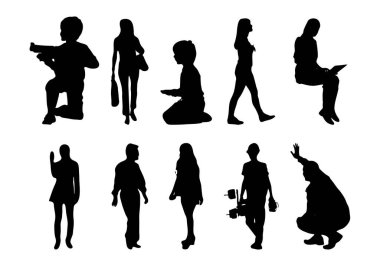 Vektör siluetleri, insanların ana hatları, Contour çizimleri, insanların siluetleri, ikon kümesi izole edilmiş, oturan insanların silueti, mimari set