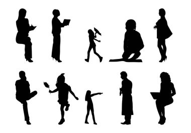 Vektör siluetleri, insanların ana hatları, Contour çizimleri, insanların siluetleri, ikon kümesi izole edilmiş, oturan insanların silueti, mimari set
