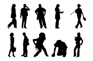 Vektör siluetleri, insanların ana hatları, Contour çizimleri, insanların siluetleri, ikon kümesi izole edilmiş, oturan insanların silueti, mimari set