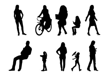 Vektör siluetleri, insanların ana hatları, Contour çizimleri, insanların siluetleri, ikon kümesi izole edilmiş, oturan insanların silueti, mimari set