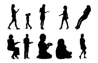 Vektör siluetleri, insanların ana hatları, Contour çizimleri, insanların siluetleri, ikon kümesi izole edilmiş, oturan insanların silueti, mimari set