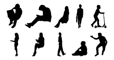 Vektör siluetleri, insanların ana hatları, Contour çizimleri, insanların siluetleri, ikon kümesi izole edilmiş, oturan insanların silueti, mimari set