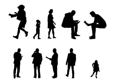 Vektör siluetleri, insanların ana hatları, Contour çizimleri, insanların siluetleri, ikon kümesi izole edilmiş, oturan insanların silueti, mimari set
