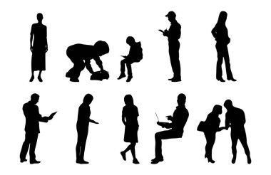 Vektör siluetleri, insanların ana hatları, Contour çizimleri, insanların siluetleri, ikon kümesi izole edilmiş, oturan insanların silueti, mimari set