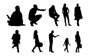 Vektör siluetleri, insanların ana hatları, Contour çizimleri, insanların siluetleri, ikon kümesi izole edilmiş, oturan insanların silueti, mimari set