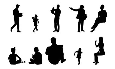 Vektör siluetleri, insanların ana hatları, Contour çizimleri, insanların siluetleri, ikon kümesi izole edilmiş, oturan insanların silueti, mimari set