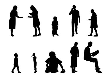 Vektör siluetleri, insanların ana hatları, Contour çizimleri, insanların siluetleri, ikon kümesi izole edilmiş, oturan insanların silueti, mimari set