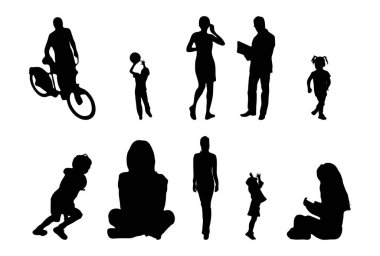 Vektör siluetleri, insanların ana hatları, Contour çizimleri, insanların siluetleri, ikon kümesi izole edilmiş, oturan insanların silueti, mimari set