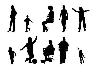 Vektör siluetleri, insanların ana hatları, Contour çizimleri, insanların siluetleri, ikon kümesi izole edilmiş, oturan insanların silueti, mimari set