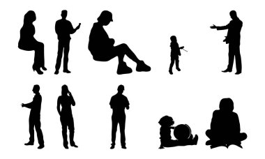 Vektör siluetleri, insanların ana hatları, Contour çizimleri, insanların siluetleri, ikon kümesi izole edilmiş, oturan insanların silueti, mimari set