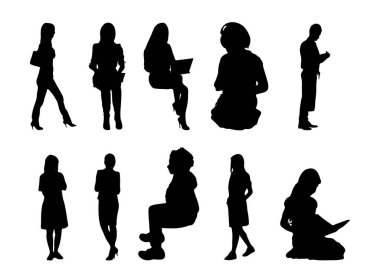 Vektör siluetleri, insanların ana hatları, Contour çizimleri, insanların siluetleri, ikon kümesi izole edilmiş, oturan insanların silueti, mimari set