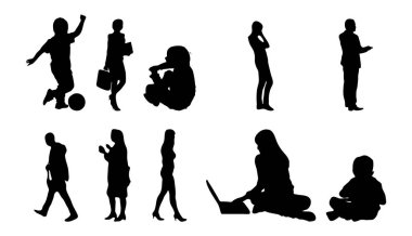 Vektör siluetleri, insanların ana hatları, Contour çizimleri, insanların siluetleri, ikon kümesi izole edilmiş, oturan insanların silueti, mimari set