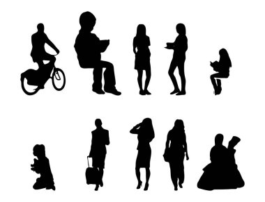 Vektör siluetleri, insanların ana hatları, Contour çizimleri, insanların siluetleri, ikon kümesi izole edilmiş, oturan insanların silueti, mimari set