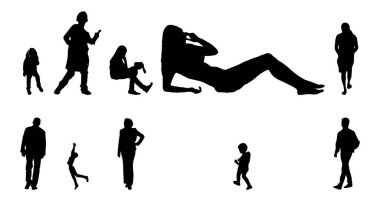 Vektör siluetleri, insanların ana hatları, Contour çizimleri, insanların siluetleri, ikon kümesi izole edilmiş, oturan insanların silueti, mimari set