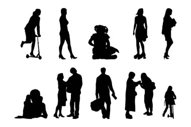 Vektör siluetleri, insanların ana hatları, Contour çizimleri, insanların siluetleri, ikon kümesi izole edilmiş, oturan insanların silueti, mimari set
