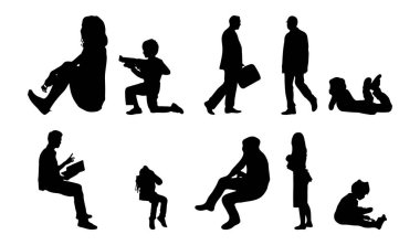 Vektör siluetleri, insanların ana hatları, Contour çizimleri, insanların siluetleri, ikon kümesi izole edilmiş, oturan insanların silueti, mimari set