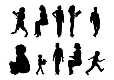 Vektör siluetleri, insanların ana hatları, Contour çizimleri, insanların siluetleri, ikon kümesi izole edilmiş, oturan insanların silueti, mimari set