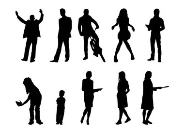 Vektör siluetleri, insanların ana hatları, Contour çizimleri, insanların siluetleri, ikon kümesi izole edilmiş, oturan insanların silueti, mimari set