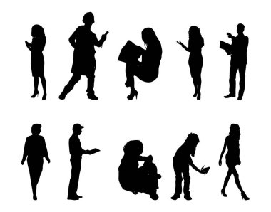 Vektör siluetleri, insanların ana hatları, Contour çizimleri, insanların siluetleri, ikon kümesi izole edilmiş, oturan insanların silueti, mimari set