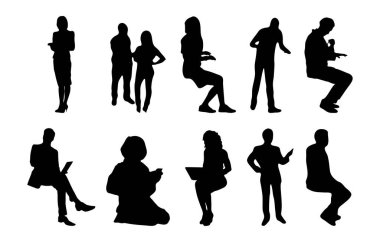 Vektör siluetleri, insanların ana hatları, Contour çizimleri, insanların siluetleri, ikon kümesi izole edilmiş, oturan insanların silueti, mimari set