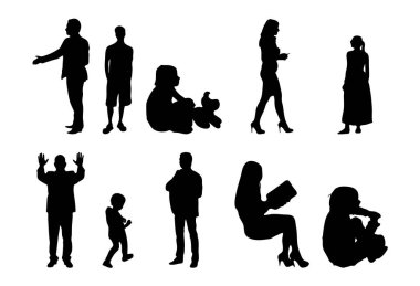 Vektör siluetleri, insanların ana hatları, Contour çizimleri, insanların siluetleri, ikon kümesi izole edilmiş, oturan insanların silueti, mimari set