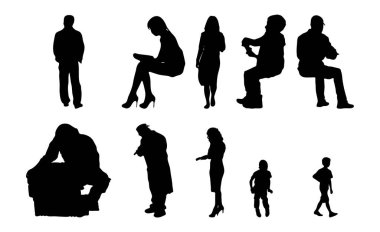 Vektör siluetleri, insanların ana hatları, Contour çizimleri, insanların siluetleri, ikon kümesi izole edilmiş, oturan insanların silueti, mimari set