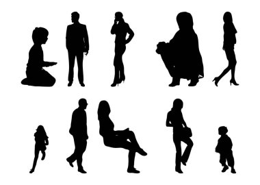 Vektör siluetleri, insanların ana hatları, Contour çizimleri, insanların siluetleri, ikon kümesi izole edilmiş, oturan insanların silueti, mimari set