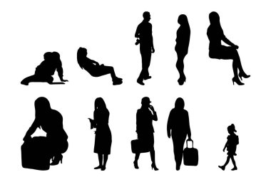 Vektör siluetleri, insanların ana hatları, Contour çizimleri, insanların siluetleri, ikon kümesi izole edilmiş, oturan insanların silueti, mimari set