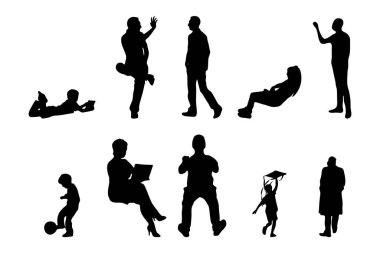 Vektör siluetleri, insanların ana hatları, Contour çizimleri, insanların siluetleri, ikon kümesi izole edilmiş, oturan insanların silueti, mimari set