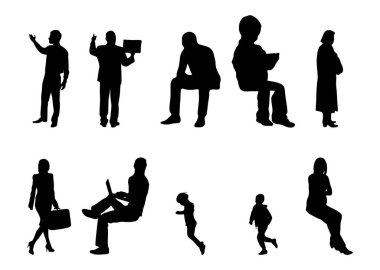 Vektör siluetleri, insanların ana hatları, Contour çizimleri, insanların siluetleri, ikon kümesi izole edilmiş, oturan insanların silueti, mimari set