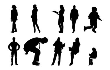 Vektör siluetleri, insanların ana hatları, Contour çizimleri, insanların siluetleri, ikon kümesi izole edilmiş, oturan insanların silueti, mimari set
