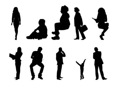 Vektör siluetleri, insanların ana hatları, Contour çizimleri, insanların siluetleri, ikon kümesi izole edilmiş, oturan insanların silueti, mimari set